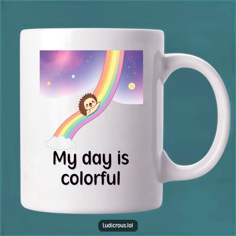 Funny Cosmic Hedgehog Mug: A Gleeful Rainbow Ride Gift for Dreamers