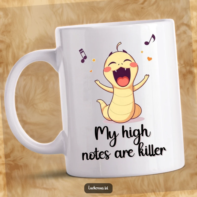 Funny mug featuring a cartoon worm with an exaggerated mouth, joyfully singing opera with dramatic flair.