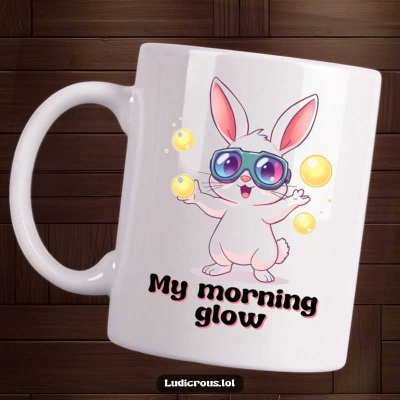Funny rabbit wearing oversized goggles enthusiastically juggling glowing orbs on a coffee mug, symbolizing energetic fun.