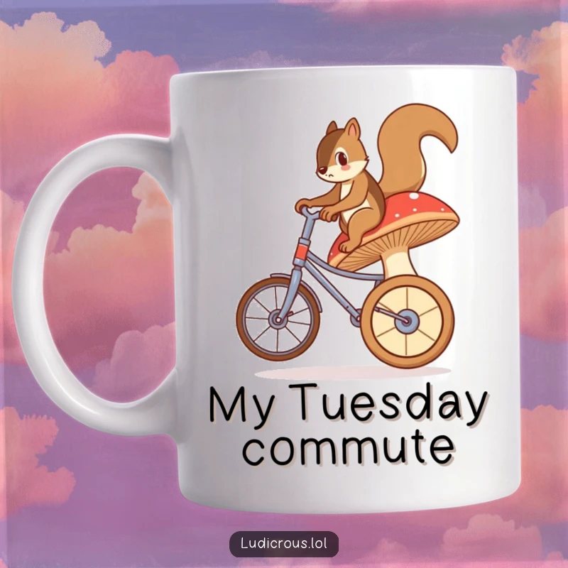 Funny mug featuring a bewildered squirrel precariously riding a giant, wobbly mushroom like a unicycle, showcasing a comical struggle.