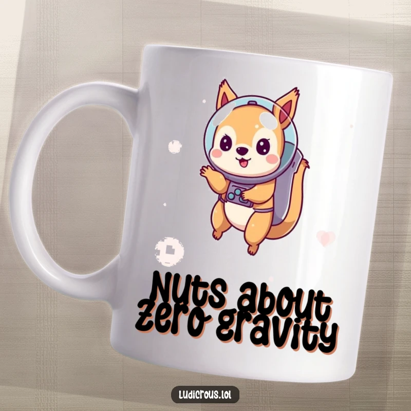 Funny mug featuring a playful squirrel in an astronaut helmet floating in space, capturing a whimsical and adventurous moment.