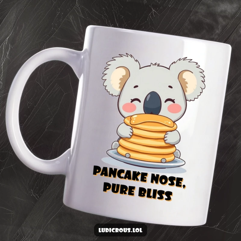 Funny koala mug with a beaming expression, expertly balancing a huge stack of pancakes on its nose, ready for a laugh.