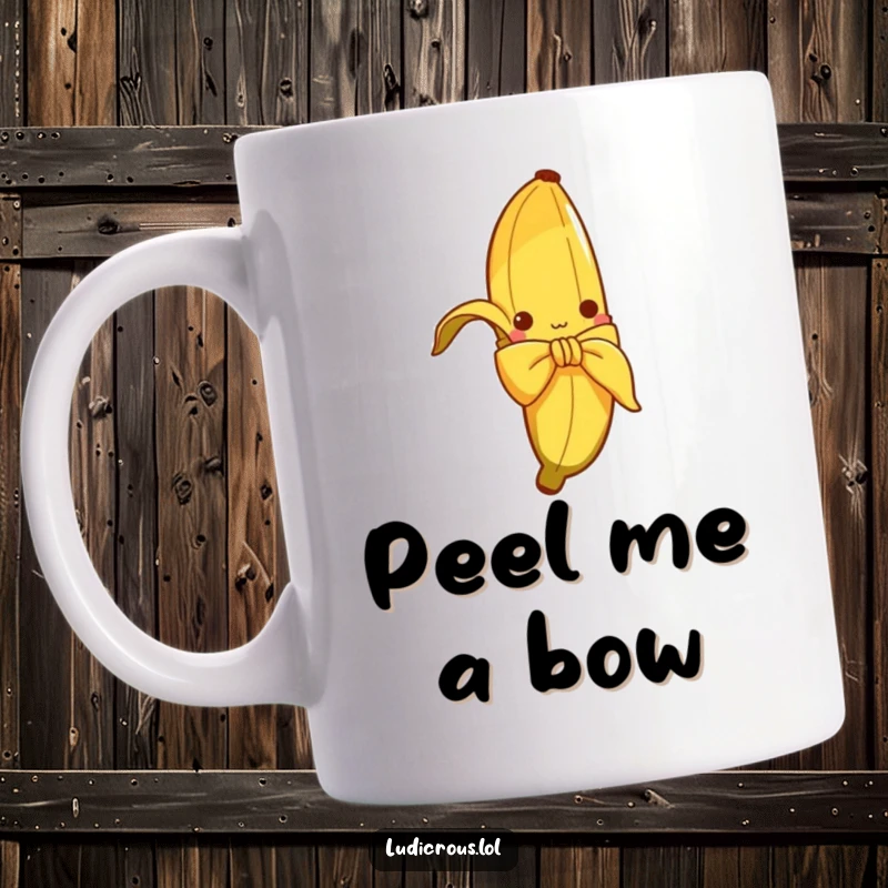 Funny mug featuring a curious banana peel hilariously attempting to tie itself into a perfect bow, a comical kitchen mishap.