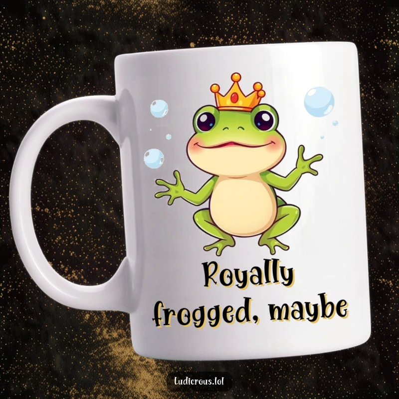Funny Mug depicts a silly frog character wearing a tiny crown, juggling slippery soap bubbles with a cheerful expression.