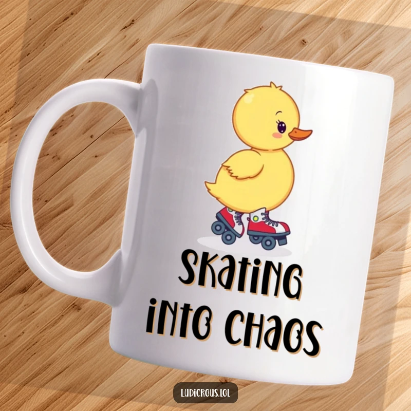 Funny mug showing a wobbly duckling hilariously trying to roller skate backward, embracing its struggle with humor.