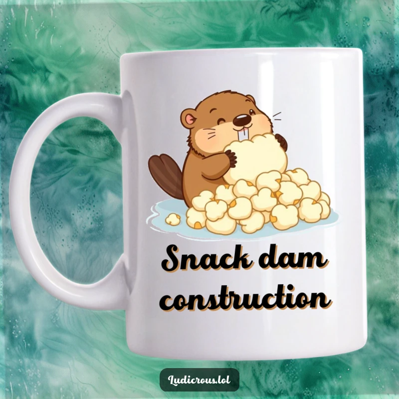 Funny mug showing a determined beaver hilariously trying to build a dam using oversized popcorn kernels, a creative gift.