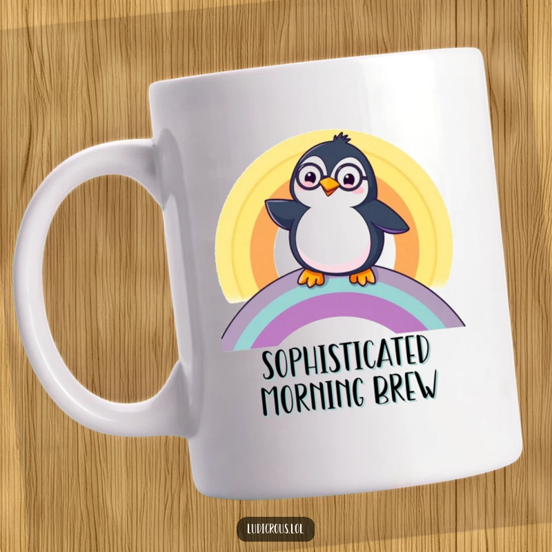 Funny Penguin Mug, a happy penguin wearing a monocle, joyfully sliding down a vibrant rainbow, embodying dapper adventure.
