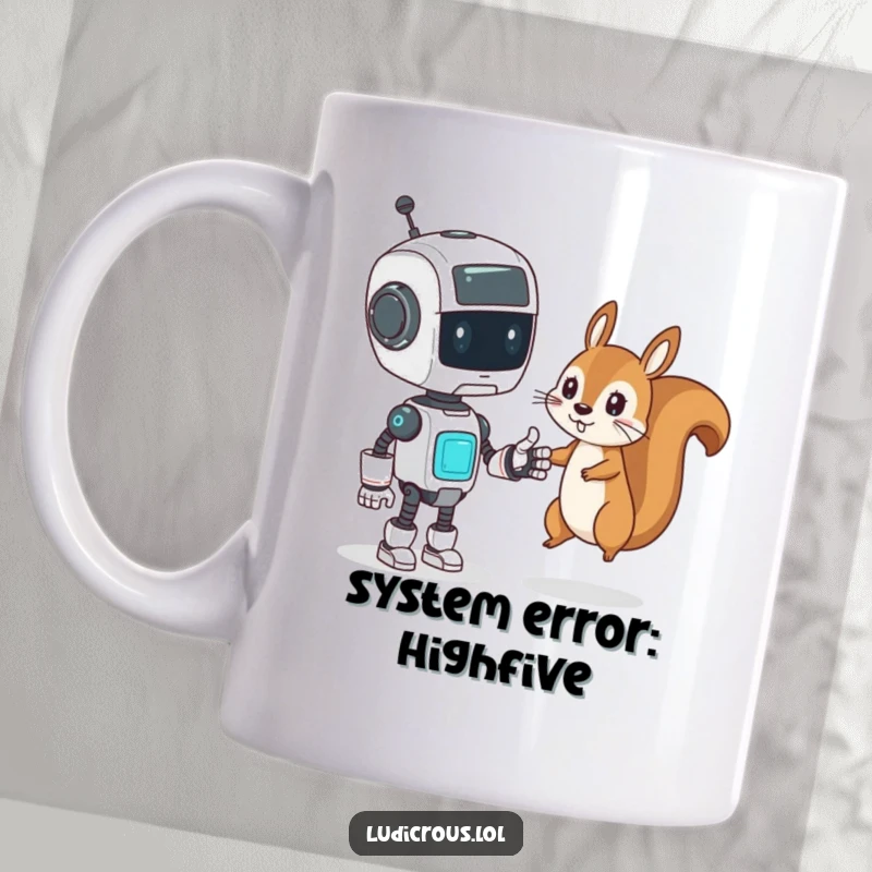 Funny Mug shows a confused robot trying to high-five a mischievous squirrel, a hilariously awkward interaction.