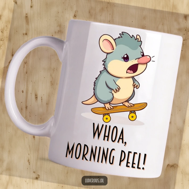 Funny platypus mug featuring a shocked platypus character comically skateboarding on a lone banana peel, showcasing a hilarious and precarious situation.