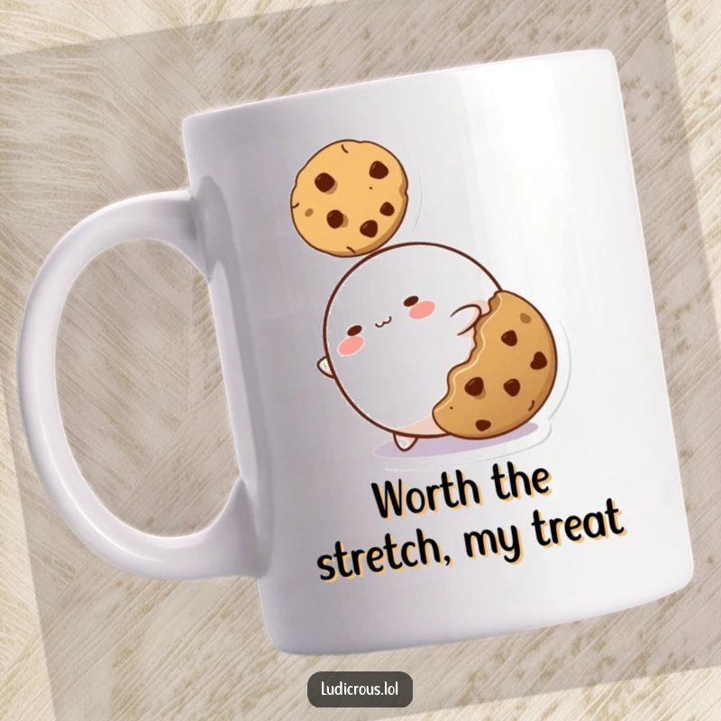 Funny mug featuring a silly blob character stretching thin to grab a cookie, symbolizing determination and snack obsession.