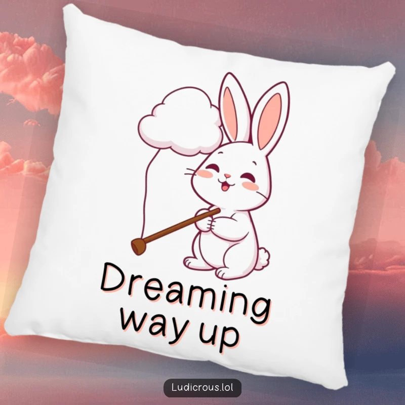 Funny rabbit pillow shows a cheerful bunny using a comically long pole to pet a fluffy cloud.