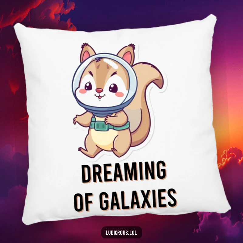 Funny squirrel astronaut pillow shows a playful squirrel in a tiny helmet floating serenely in space.