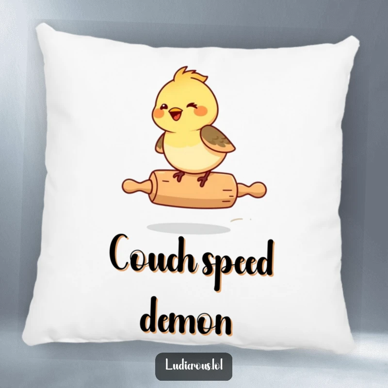 Funny Chickadee Pillow, a giggling chickadee riding a runaway rolling pin, embodying cozy delight and whimsical fun.