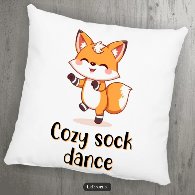 Funny pillow showcasing a cheerful fox in mismatched socks doing a silly dance, perfect for cozy and joyful decor.