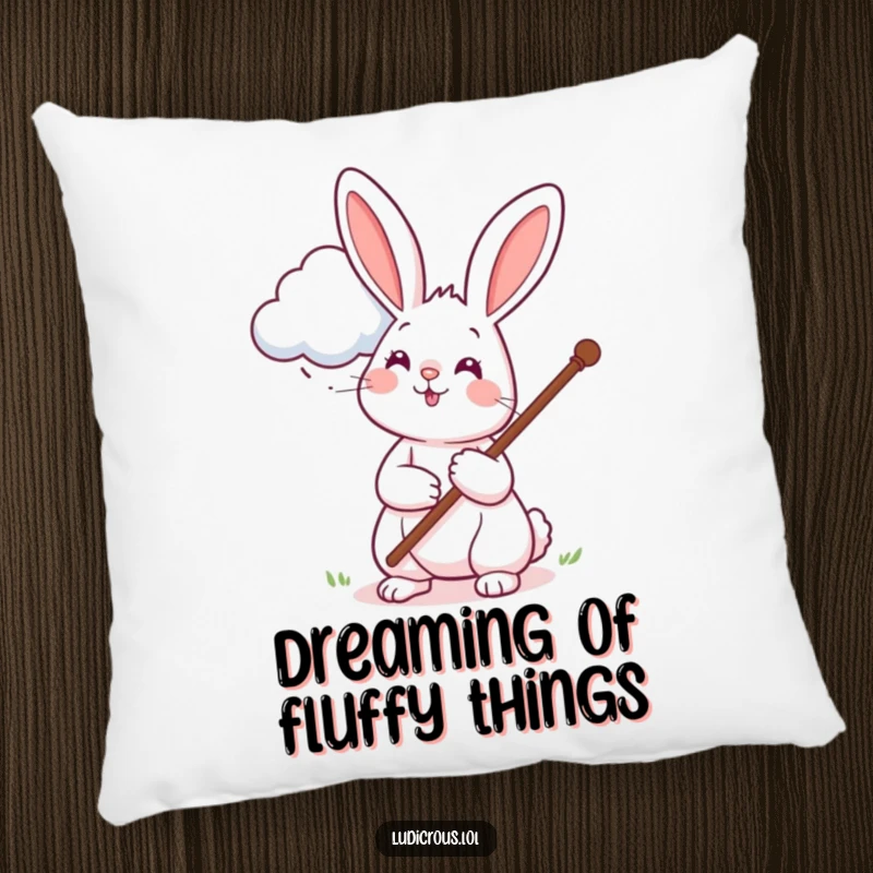 Funny pillow showcasing a cheerful rabbit using a long pole to pet a cloud, offering a soft, humorous, and whimsical decorative accent.