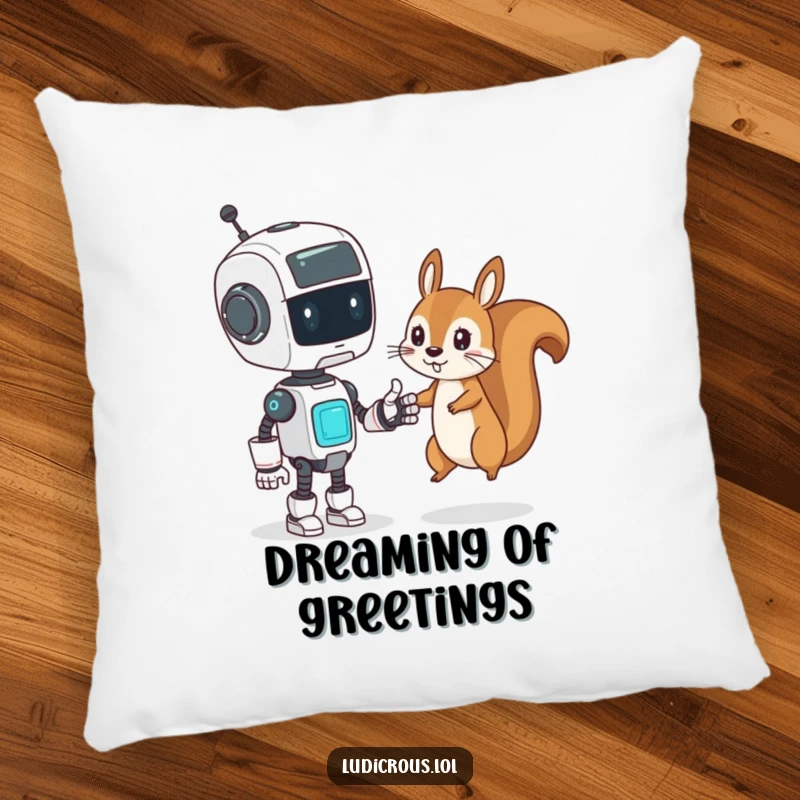 Funny Pillow with a confused robot trying to high-five a mischievous squirrel, comfortable and tech-themed.