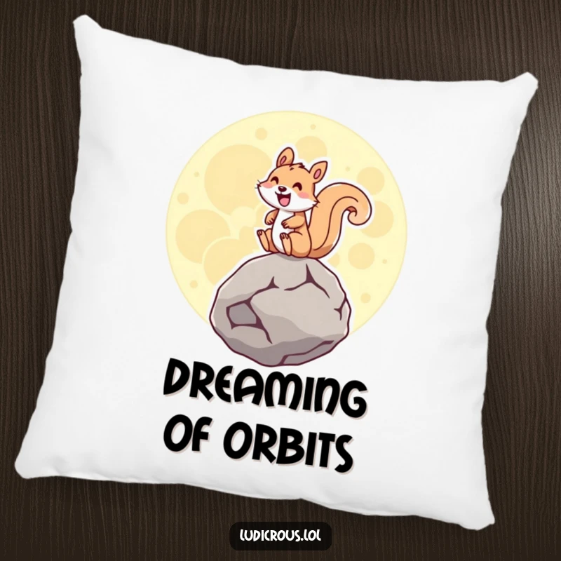 Funny squirrel joyfully riding a giant hovering moon rock, grinning widely, printed on a soft and comfortable pillow.