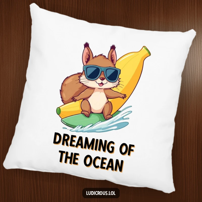 Funny squirrel in sunglasses surfs a giant banana, designed on a pillow for humorous, comfortable, and relaxing decor.