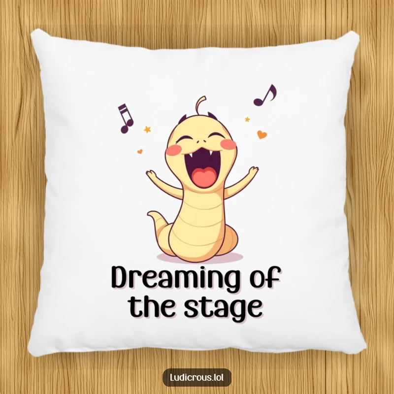Funny pillow with a cartoon worm belting out opera with a comically wide-open mouth, perfect for cozy humor.