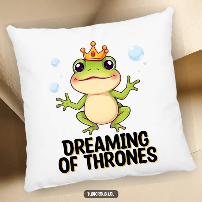 Funny Pillow with a silly frog character in a crown, juggling slippery soap bubbles, comfortable and royal accent.