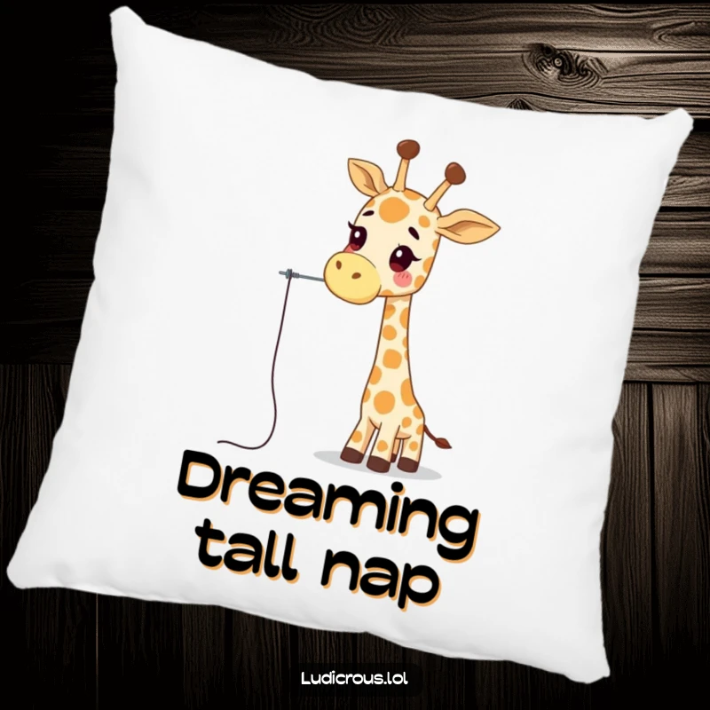 Funny giraffe pillow featuring a wobbly giraffe character trying to thread a needle with its long neck, offering funny comfort and decor.