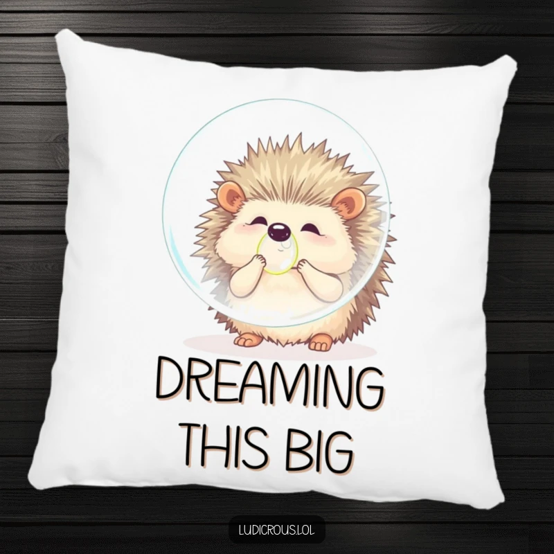Funny hedgehog pillow featuring a soft, fluffy creature comically trying to blow a bubble larger than its entire body, exuding comfort and playful humor.