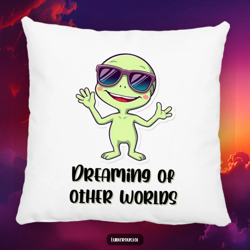 Funny pillow depicting a happy, giggling alien wearing huge sunglasses and waving enthusiastically, offering comfort with a side of cosmic cheer.