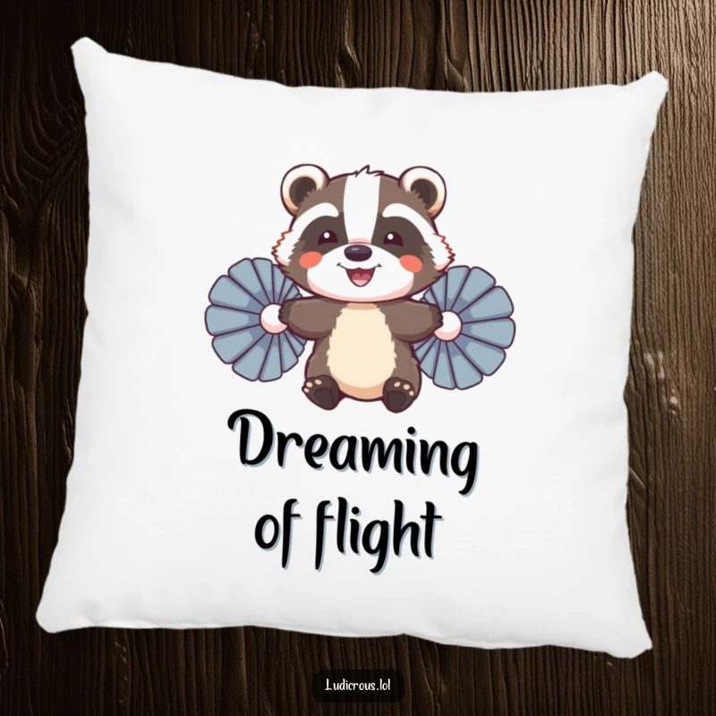 Funny Badger Pillow, a smiling badger attempting flight with feather fans, embodying cozy ambition and humor.