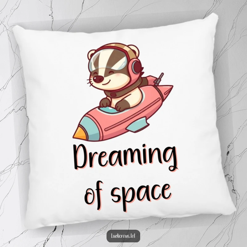 Funny badger in a helmet pilots a comically large rocketship, printed on a soft and comforting pillow.