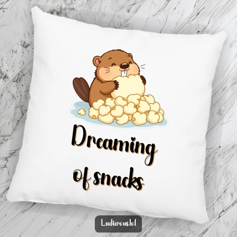 Funny pillow showcasing a determined beaver attempting to build a dam with giant popcorn, offering cozy humor.