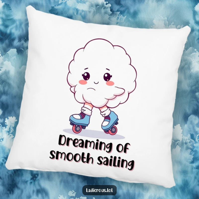Funny pillow design showing a fluffy cloud on roller skates, captured in a comical, precarious wobble.