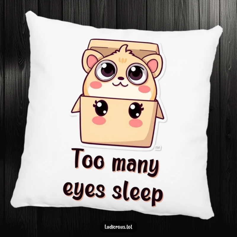 Funny pillow depicting a creature with many eyes, playfully peeking out of a small box, offering comfort and a hint of watchful fun.