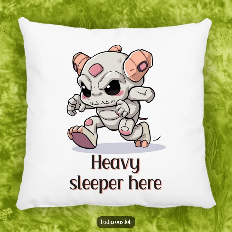 Funny golem with heavy feet trying to skip, a soft and humorous decorative pillow.