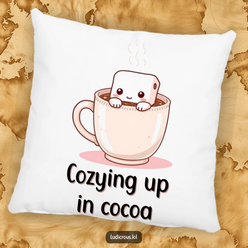Funny pillow featuring a shy marshmallow hiding inside a steaming mug of hot chocolate, offering comfort and a dash of sweetness.