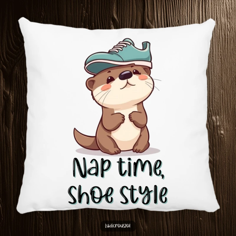 Funny Otter Pillow, a curious otter with a shoe on its head, looking adorable and cozy, bringing comfort and humor.
