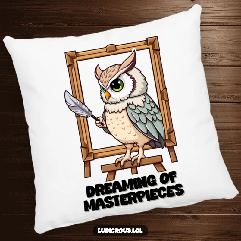 Funny pillow showcasing a majestic owl humorously painting a portrait using its tail feather, perfect for cozy and artistic decor.
