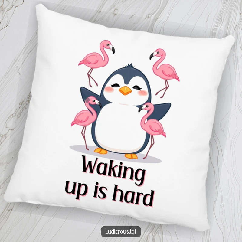 Funny pillow featuring a silly penguin looking confused while juggling three flamingos, offering soft, humorous, and quirky decor.