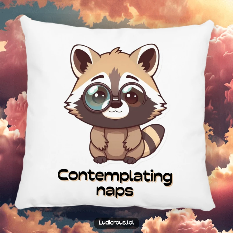 Funny raccoon pillow featuring a curious bandit in a comically oversized monocle, looking perplexed, offering soft, comforting intellectual humor.