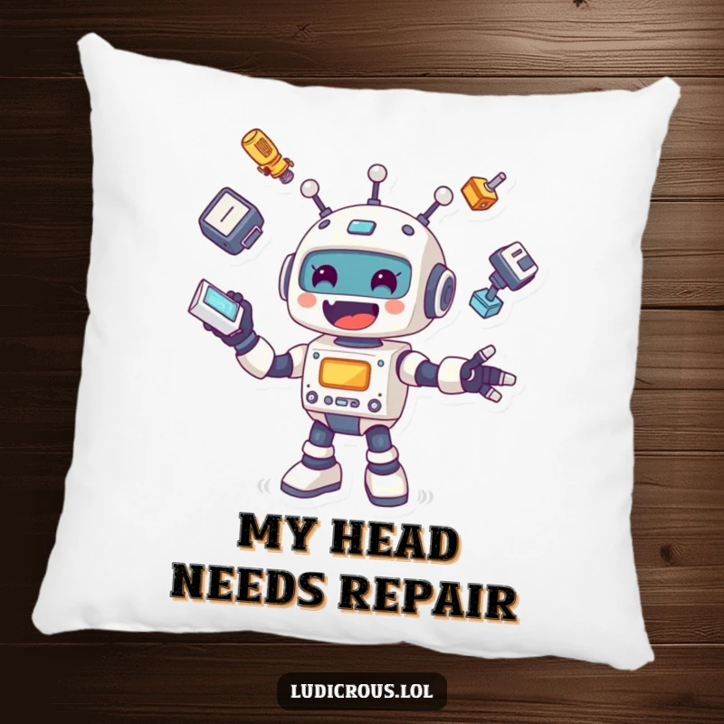 Funny pillow showcasing a cheerful robot with a bright smile, comically juggling its own detached arms, legs, and head, adding softness to humor.