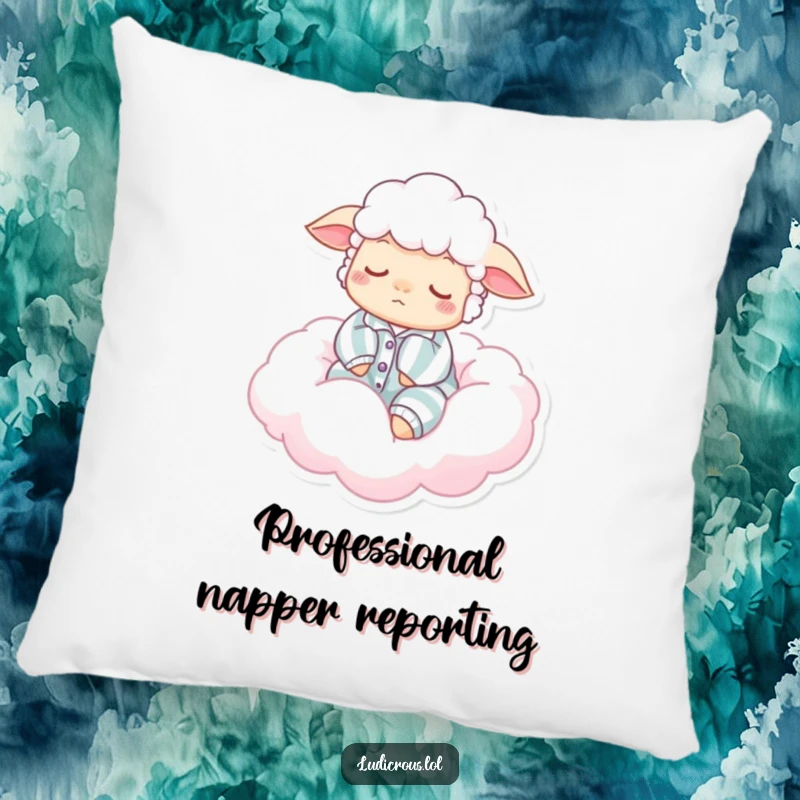 Funny pillow with a contented sleepy sheep in pajamas, resting on a soft cotton candy cloud, combining comfort and humorous wall art.