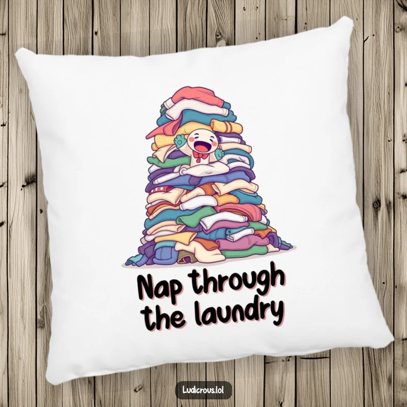 Funny pillow featuring a determined sock puppet attempting to climb a monumental pile of laundry, offering motivational comfort.