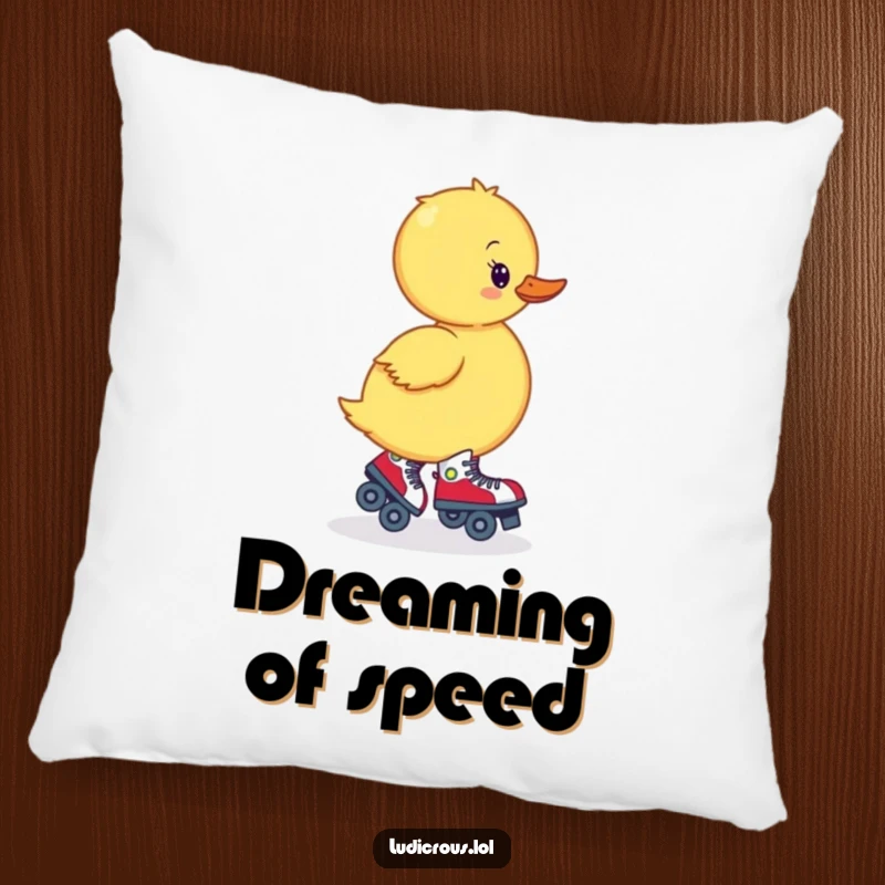 Funny pillow showcasing a wobbly duckling hilariously trying to roller skate backward, perfect for cozy and humorous decor.