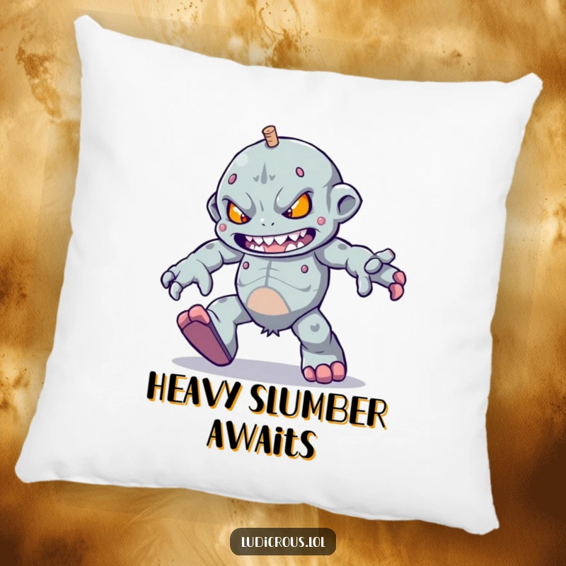 Funny determined golem character trying to skip with heavy feet, this pillow is a funny gift for comfort.