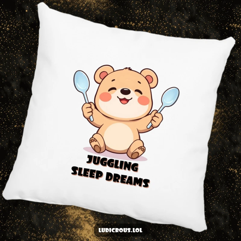 Funny pillow featuring a smiling bear cub struggling to juggle bent spoons. Soft, comfortable, and humorously determined.