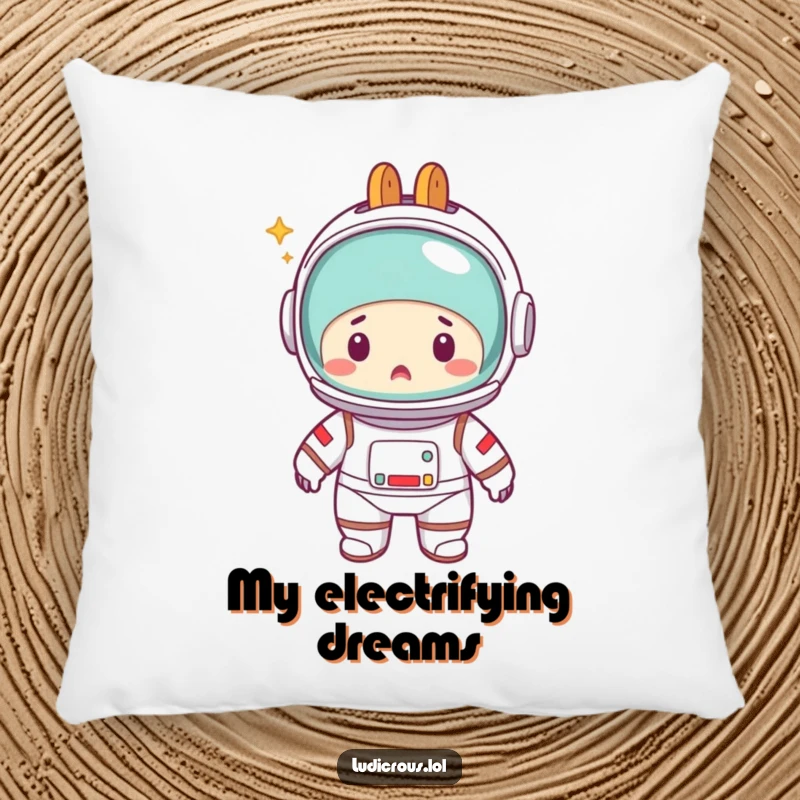 Funny pillow depicting a startled astronaut in a spacesuit, with a toaster inexplicably worn as a helmet, offering comfort with a side of breakfast.