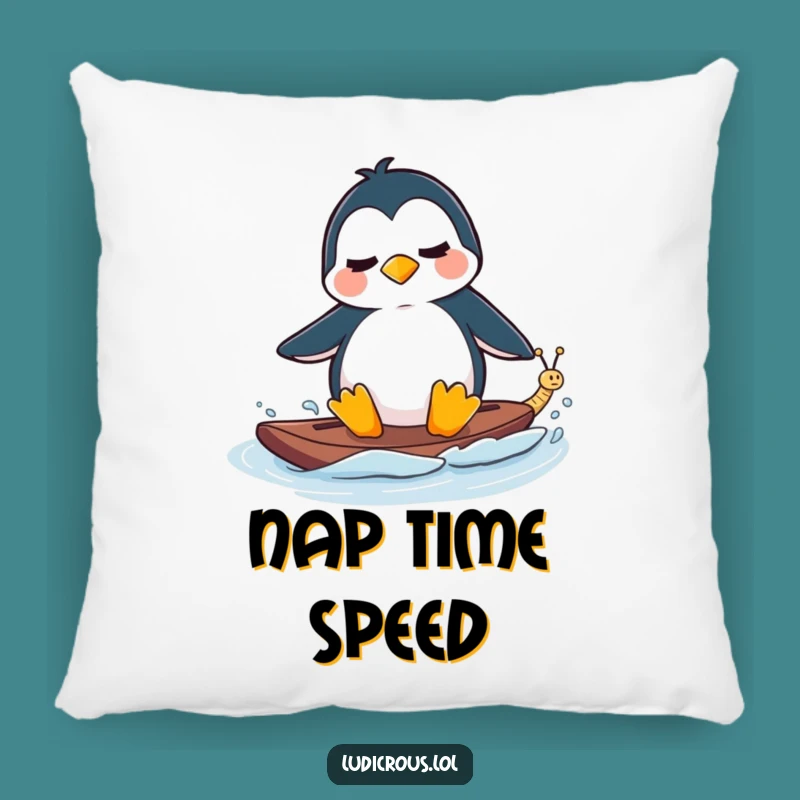 Funny Pillow - Penguin Waterskiing Snail - Comfy Arctic Humor Gift!