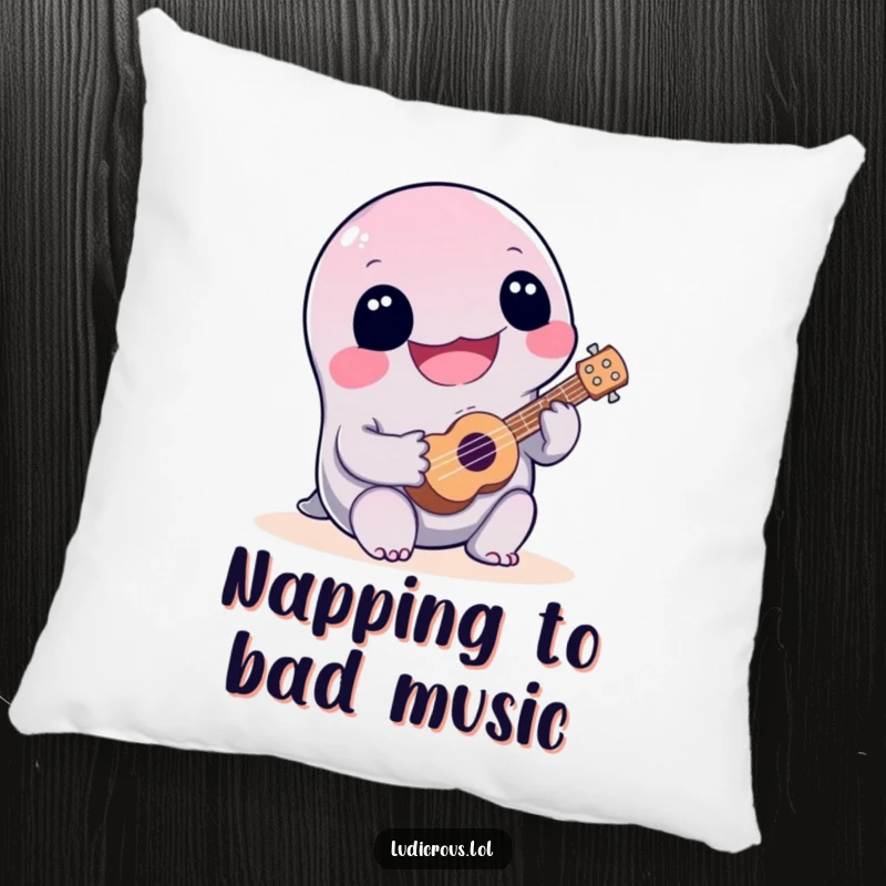 Funny, joyful slime creature playing a tiny ukulele poorly, a soft and humorous accent pillow for any space.