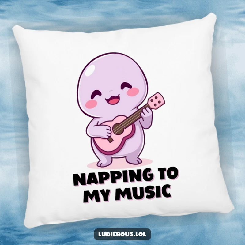 Funny pillow design showing a happy slime creature strumming a tiny ukulele poorly, creating a comical, cheerful visual.