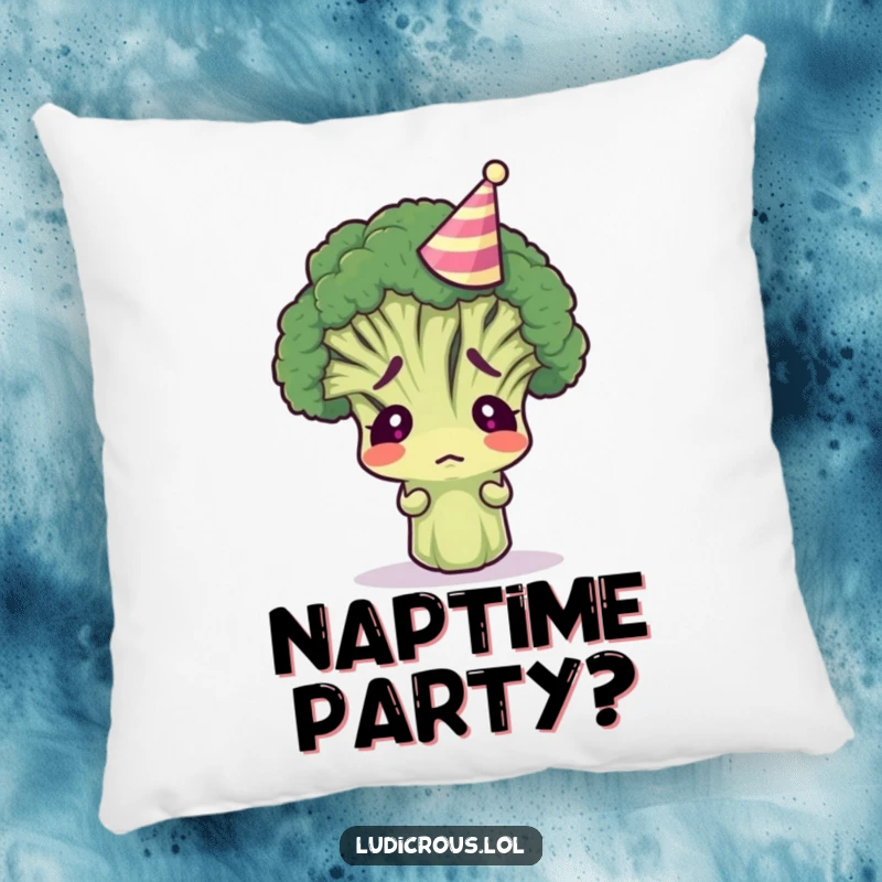 Funny broccoli floret wearing a tiny party hat, looking confused, depicted as a plush and decorative pillow for humorous comfort.