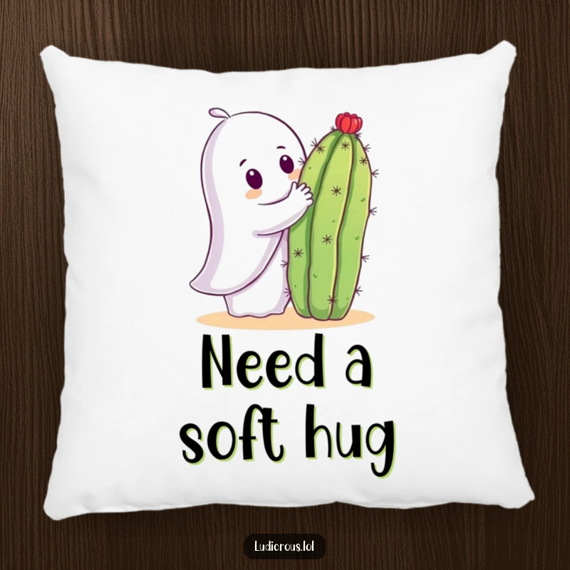 Funny pillow design showing a cute ghost embracing a spiky cactus, creating a humorous, slightly painful visual.